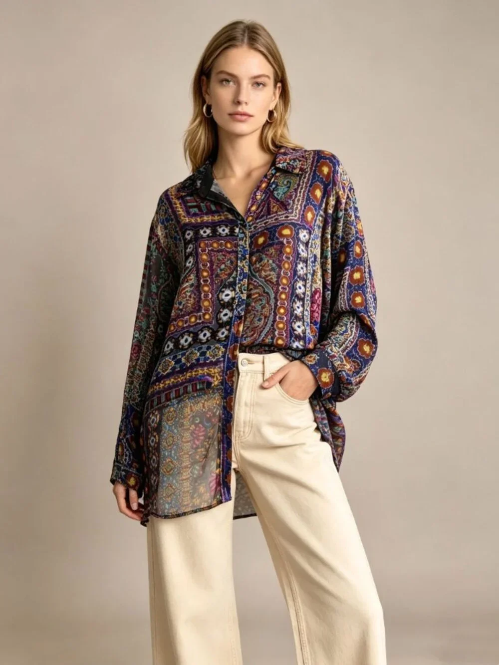 NWT Johnny Was Bingley Velvet Button-Down Shirt Long Sleeves Tunic Blouse XL